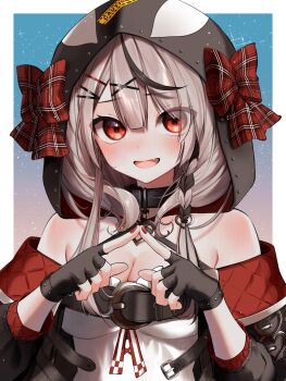 1girl bare_shoulders black_gloves blush bow breasts cleavage commentary_request fang gloves grey_hair hair_ornament highres hololive hood looking_at_viewer plaid_bow red_eyes red_nails sakamata_chloe solo upper_body violet_(mesy4285) virtual_youtuber