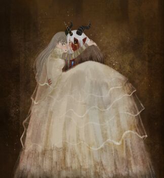 Rule 34 | 1boy, 1girl, aegiochusmon, alternate costume, black horns, carrying, digimon, digimon (creature), digimon story: time stranger, dress, half mask, highres, horns, long dress, long hair, mask, misono inori, mnmars art, multiple horns, pointy ears, princess carry, red mask, signature, white dress, white hair