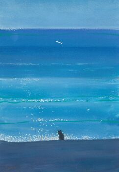 animal animal_focus beach bird blue_sky cat commentary_request flying goma_ramen_(gomaramen888) highres no_humans ocean original outdoors scenery sky water