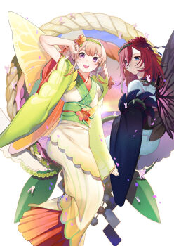 2girls absurdres blonde_hair blue_eyes bug butterfly commentary_request crown_of_thorns facial_mark fairy fairy_wings fire_emblem fire_emblem_heroes flower hair_flower hair_ornament highres ikura_(downdexp) insect japanese_clothes kimono long_hair looking_at_viewer multiple_girls nintendo obi official_alternate_costume open_mouth orange_flower peony_(fire_emblem) peony_(new_year)_(fire_emblem) purple_eyes purple_hair red_flower sash siblings sisters smile thorns triandra_(fire_emblem) triandra_(new_year)_(fire_emblem) wings