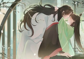 Rule 34 | 2boys, architecture, arms around neck, bent over, black hair, black hanfu, blurry, blurry foreground, blush, branch, chinese clothes, closed mouth, cowboy shot, curtained hair, east asian architecture, flower, forehead-to-forehead, from side, green eyes, green hanfu, half updo, hanfu, heads together, highres, imminent kiss, layered sleeves, long hair, long sleeves, looking at another, luo binghe, male focus, multiple boys, peropapapa18, profile, raised eyebrows, red eyes, renzha fanpai zijiu xitong, ribboned xiao guan, robe, round window, shen qingqiu, smile, snowing, straight hair, very long hair, wavy hair, white robe, wide sleeves, window, yaoi, zuiyin
