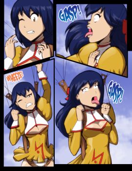 1girl absurdres agent_aika aika_(series) asphyxiation before_and_after blue_hair bow breasts brown_eyes cleavage cleavage_cutout clothing_cutout cloud crotch delmo deviantart falling female_focus freediving golden_delmo hair_bow hair_ornament hair_ribbon highres long_hair medium_breasts open_mouth outdoors panties pantyshot parachute peril ribbon rie_petoriyacowa rolling_eyes rope ryona sequential severflame sky solo strangling struggling surprised text_focus thighs tongue tongue_out trembling underwear upskirt