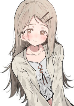 1girl absurdres blush camisole collarbone commentary gakuen_idolmaster highres idolmaster long_hair looking_at_viewer robe shinosawa_hiro simple_background smile solo sunya_(honorin-yuunibo) very_long_hair white_background white_camisole white_robe