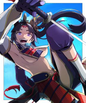 1girl :d armor asymmetrical_clothes asymmetrical_sleeves black_hair breast_curtains breasts fate/grand_order fate_(series) feather_hair_ornament feathers hair_ornament hat highres holding holding_weapon japanese_armor katana kusazuri long_hair looking_at_viewer medium_breasts mismatched_sleeves navel open_mouth parted_bangs purple_eyes purple_sleeves revealing_clothes sharp_teeth shoulder_armor side_ponytail sidelocks signing single_pantsleg smile socks sode solo sword tassel tate_eboshi teeth ttmaru_1739 ushiwakamaru_(fate) ushiwakamaru_(second_ascension)_(fate) very_long_hair weapon white_sleeves white_socks