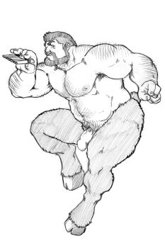 1boy armpit_hair armpit_hair_peek back_hair bara beard brown_fur facial_hair flaccid full_beard full_body goat_legs goat_tail graphite_(medium) greyscale grisser_art hairy large_pectorals looking_at_viewer male_focus mature_male monochrome monster_boy muscular muscular_male navel nymph original pectorals penis profile satyr short_hair solo sparse_chest_hair stomach strongman_waist tail thick_arm_hair thick_eyebrows thick_navel_hair traditional_media uncensored