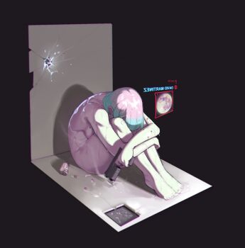 1girl aqua_hair attempted_suicide barefoot black_background bullet_hole completely_nude cyberpunk_(series) cyberpunk:_edgerunners despair drain_(object) drugs finger_on_trigger gun handgun highres hugging_own_legs krekkov lucy_(cyberpunk) mirrored_text moon multicolored_hair nude pill pink_hair short_hair shower_(place) sitting smoke smoking_barrel solo spoilers track_marks two-tone_hair user_interface weapon wet