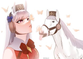 1girl :p absurdres animal_ears ashenmash brown_hat bug butterfly butterfly_on_nose commentary dress ear_covers english_commentary gold_ship_(red_strife)_(umamusume) gold_ship_(umamusume) hat highres horse horse_ears horse_girl insect long_hair pillbox_hat pink_eyes red_dress signature simple_background tongue tongue_out umamusume very_long_hair white_background white_hair white_horse