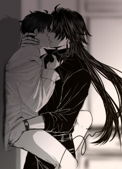 2boys black_sweater blade_(honkai:_star_rail) blush dan_heng_(honkai:_star_rail) earrings hand_on_another&#039;s_ass hand_on_another&#039;s_neck highres honkai:_star_rail honkai_(series) jewelry kiss leg_lock long_hair monochrome multiple_boys no_pants piruru_pi sleeves_rolled_up sweater watch wristwatch