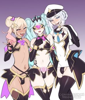 3boys blonde_hair blue_hair blush bow bowtie bracelet bulge choker commentary commission double_bun earrings english_commentary eye_mask fingerless_gloves fingernails gloves gradient_background gradient_hair grey_hair grin hair_bun hat highres jewelry long_fingernails looking_at_viewer magical_boy mask mokotoko9 multicolored_hair multiple_boys navel navel_piercing open_mouth original panties pasties piercing pink_eyes pink_hair purple_background purple_eyes skindentation smile teeth thighhighs tongue tongue_out tongue_piercing trap twintails underwear v white_background