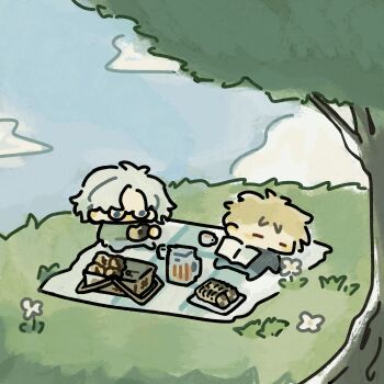 2boys animated animated_gif atou_haruki black_shirt blonde_hair blue_eyes blue_pants blue_sky chibi chibi_only chinese_commentary closed_eyes cloud commentary_request day donut eating flower food glasses green_shirt highres kanou_aogu long_sleeves male_focus multiple_boys no_mouth no_nose outdoors pants picnic picnic_basket picnic_blanket renshengyiyijiushidangtiaoxianyu saibou_shinkyoku semi-rimless_eyewear shirt short_hair sitting sky white_flower white_hair