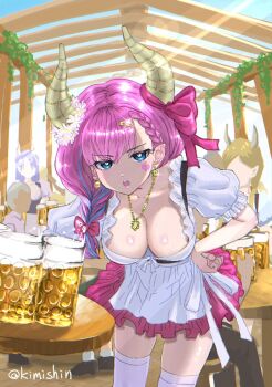 alternate_breast_size_(larger) aura_(sousou_no_frieren) beer_mug bent_over blue_eyes braid breasts cleavage commentary commentary_request cup demon_horns dress frilled_dress frills highres horns jewelry kimishin large_breasts leaning_forward looking_at_viewer mug oktoberfest oni pendant pink_hair single_braid sousou_no_frieren thighhighs twitter_username zettai_ryouiki