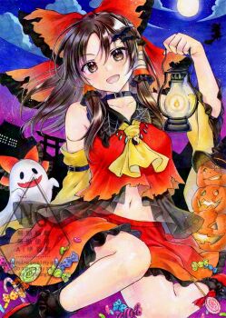 2girls alto2019 ascot bare_shoulders black_socks blush bow broom broom_riding brown_eyes brown_hair choker cloud collarbone commentary_request detached_sleeves frills ghost gradient_bow gradient_clothes gradient_shirt gradient_skirt gradient_sky hair_tubes hakurei_reimu hakurei_shrine halloween halloween_costume highres holding holding_lantern kirisame_marisa lantern long_hair moon multiple_girls navel night night_sky open_mouth orange_bow orange_shirt orange_skirt pumpkin red_bow red_shirt red_shoes red_skirt sample_watermark shirt shoes skirt sky sleeveless sleeveless_shirt smile socks torii touhou traditional_media watermark yellow_ascot