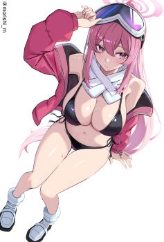 1girl absurdres bare_shoulders bikini black_bikini blue_archive blush breasts cleavage collarbone commentary_request eimi_(blue_archive) eimi_(swimsuit)_(blue_archive) goggles goggles_on_head groin hair_between_eyes halo highres jacket large_breasts long_hair looking_to_the_side morishi_m navel open_clothes open_jacket pink_eyes pink_hair pink_halo pink_jacket ponytail scarf shoes sitting solo sweat swimsuit thighs white_scarf white_shoes