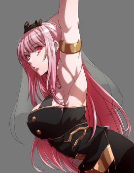 1girl absurdres alternate_muscle_size arm_behind_head arm_up armpit_focus armpits arms_up bare_shoulders biceps black_dress breasts cleavage dress highres hololive hololive_english large_breasts long_hair looking_at_viewer mori_calliope mori_calliope_(1st_costume) muscular muscular_female pink_hair presenting_armpit red_eyes ryuuen_tanaka solo tiara toned toned_female veil virtual_youtuber
