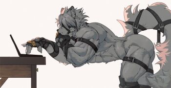 1boy abs absurdres animal_ears ass bara bicep_strap black_gloves claws colored_tips commentary computer english_commentary eru_(eruprior) fingerless_gloves furry furry_male gloves hand_on_own_chin highres laptop looking_at_object male_focus multicolored_hair muscular muscular_male nude prosthesis prosthetic_leg table tail tail_belt thigh_strap von_lycaon white_background wolf_boy wolf_ears wolf_tail zenless_zone_zero