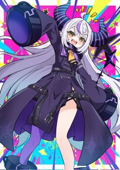 1girl :d arm_up black_horns blush_stickers border coat commentary corrupted_twitter_file dot_nose double-parted_bangs feet_out_of_frame grey_hair highres hololive horns la+_darknesss long_hair long_sleeves looking_at_viewer multicolored_hair necktie neko_skk notice_lines open_mouth outside_border pantyhose pink_background purple_coat purple_hair purple_pantyhose single_leg_pantyhose sleeves_past_fingers sleeves_past_wrists smile solo standing star_(symbol) striped_horns symbol-only_commentary two-tone_hair very_long_hair virtual_youtuber white_border wide_sleeves yellow_eyes yellow_necktie