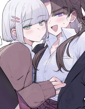 2boys absurdres ayase_ayato_(imamiya_pinoko) blunt_bangs breast_pocket brown_cardigan brown_hair cardigan closed_mouth collared_shirt crossdressing crossdressing_(mtf) fang green_eyes grey_hair hair_ornament hairclip highres hirakawa_mahiru_(imamiya_pinoko) imamiya_pinoko long_hair long_sleeves looking_at_viewer male_focus multiple_boys open_mouth original parallel_hairclips parted_bangs pocket purple_eyes red_skirt shirt short_hair sidelocks skirt sleeves_past_wrists sweatdrop thick_eyebrows translation_request trap twitter_username white_shirt