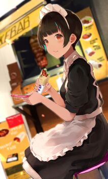 Rule 34 | 1girl, absurdres, apron, blue nails, blurry, blurry background, bob cut, cellphone, closed mouth, doner kebab, doner sandwich, eating, highres, looking at viewer, maid, maid apron, maid headdress, nail polish, nashimisaki futakotamagawa, original, outdoors, phone, red eyes, restaurant, rotisserie, short hair, sidelocks, sitting, solo, vertical rotisserie, white legwear