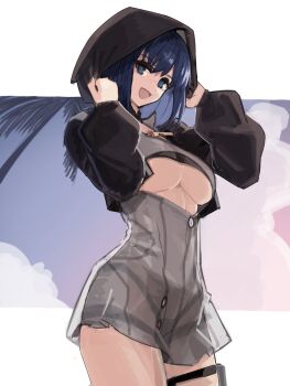 1girl black_hoodie black_jacket blue_eyes blue_hair breasts c.i.e.l_(fate) mysterious_executor_c.i.e.l_(fate) ciel_(tsukihime) clothing_cutout cowboy_shot cropped_hoodie cropped_jacket cross cross_necklace dress fate/grand_order fate_(series) from_side highres hood hood_up hoodie jacket jewelry jonyeld large_breasts latin_cross long_sleeves looking_at_viewer necklace open_clothes open_jacket open_mouth short_hair smile solo standing thigh_strap thighs type-moon underboob underboob_cutout