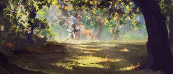 1girl animal blue_hair commentary dappled_sunlight day deer dress english_commentary forest highres long_hair mavv medium_dress nature off-shoulder_dress off_shoulder original outdoors picnic_basket scenery solo sunlight tree walking white_dress wide_shot
