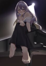Rule 34 | 1girl, absurdres, barefoot, blush, breasts, cleavage, crossed legs, dress, feet, highres, hololive, instrument, light smile, long hair, looking at viewer, microphone, moona hoshinova, piano, sitting, toes