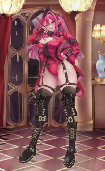 1girl absurdres animal_ears baobhan_sith_(fate) black_thighhighs blush boots breasts cleavage cleavage_cutout clothing_cutout fake_animal_ears fate/grand_order fate_(series) full_body grey_eyes hand_on_own_hip hand_up highres jacket klash large_breasts leotard long_hair long_sleeves looking_at_viewer open_mouth pink_hair pink_jacket pink_leotard playboy_bunny pointy_ears rabbit_ears sidelocks solo thigh_boots thighhighs