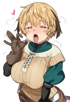 1girl :o absurdres afterimage alternate_breast_size_(larger) armor belt blonde_hair blush blush_stickers breasts breath bright_pupils brown_belt brown_gloves brown_tunic come_hither commentary cross-laced_clothes ebora english_commentary fate/grand_order fate_(series) faulds fellatio_gesture gareth_(fate) gareth_(first_ascension)_(fate) gloves green_eyes green_shirt hair_between_eyes heart heavy_breathing highres juliet_sleeves large_breasts long_sleeves looking_at_viewer motion_lines nose_blush plate_armor puffy_sleeves saliva shirt short_hair short_sleeves sidelocks simple_background solo teeth tongue tongue_out tunic turtleneck upper_body upper_teeth_only white_background white_pupils