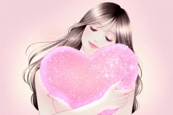 1girl artist_name brown_hair closed_eyes closed_mouth eyelashes eyeshadow head_tilt heart highres holding holding_heart hugging_object long_hair makeup naho_graphics nail_polish original pink_eyeshadow pink_nails signature smile solo upper_body