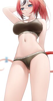 1girl absurdres arm_up black_bra black_panties black_streaks blue_eyes blurry blurry_background bow bra breasts hakos_baelz highres hololive hololive_english large_breasts long_hair mouse_girl mouse_tail multicolored_hair navel panties red_hair simple_background solo somebody_(leiking00) sports_bra sports_panties tail tail_bow tail_ornament underwear virtual_youtuber white_background white_hair