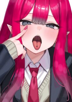 1girl absurdres baobhan_sith_(fate) blush commentary_request fate/grand_order fate_(series) grey_eyes highres katashiro looking_at_viewer necktie open_mouth piercing pink_hair pink_necktie pointy_ears school_uniform solo tongue tongue_out tongue_piercing upper_body