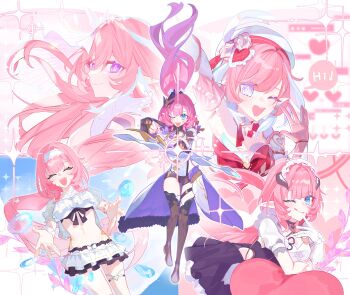 1girl ;p aiming aiming_at_viewer beret bikini black_boots black_shorts blue_eyes boots bow_(weapon) breasts cape commentary diamond-shaped_pupils diamond_(shape) elf elysia_(herrscher_of_human:_ego)_(honkai_impact) elysia_(hi_love_elf)_(honkai_impact) elysia_(honkai_impact) elysia_(miss_pink)_(honkai_impact) elysia_(miss_pink_elf)_(honkai_impact) elysia_(summer_miss_elf)_(honkai_impact) english_commentary fake_horns gloves hair_ornament hat highres holding holding_bow_(weapon) holding_weapon honkai_(series) honkai_impact_3rd horns large_breasts licking_lips long_hair multicolored_hair multiple_views nyayou_amanatto one_eye_closed pink_hair pointy_ears shorts smile swimsuit symbol-shaped_pupils thighs tongue tongue_out two-tone_hair very_long_hair weapon white_bikini white_gloves white_hair