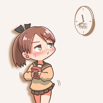 1girl adapted_costume brown_eyes brown_hair brown_sailor_collar brown_skirt brown_sweater clock kantai_collection looking_up medium_hair nakaibe_yuu pleated_skirt ponytail sailor_collar school_uniform serafuku shikinami_(kancolle) skirt solo sweater wall_clock