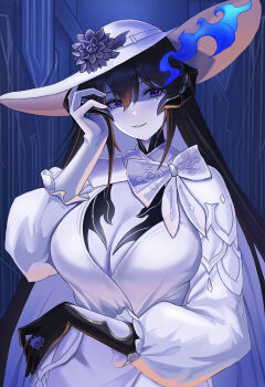 1girl absurdres blue_background blue_fire blue_hair bow breasts center_opening cleavage colored_skin commentary_request constance_(honkai:_star_rail) demon_girl demon_horns demon_tail dress fire flaming_eye flower frilled_sleeves frills gradient_hair hair_between_eyes hand_on_own_head hand_up hat hat_flower highres honkai:_star_rail honkai_(series) horns huge_breasts indoors long_hair long_sleeves looking_at_viewer mole mole_under_eye multicolored_hair multicolored_skin purple_eyes shade shaded_face solo standing sun_hat tail two-tone_hair two-tone_skin upper_body vavamva white_dress