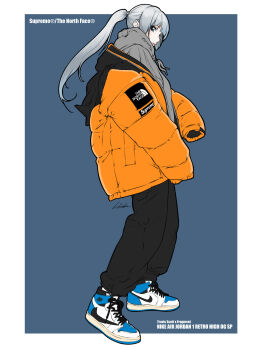 1girl absurdres bambi_surprise black_pants blue_eyes blue_shoes commentary_request from_side full_body grey_hair grey_hoodie highres hood hood_down hoodie jacket looking_at_viewer multicolored_shoes nike_(company) open_clothes open_jacket orange_jacket original pants ponytail shoes signature sleeves_past_fingers sleeves_past_wrists sneakers solo standing supreme_(brand) the_north_face two-tone_shoes white_shoes