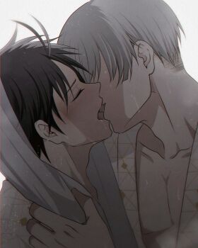 Rule 34 | 2boys, adam's apple, antenna hair, black hair, blush, collarbone, commentary request, french kiss, from side, highres, japanese clothes, kiss, male focus, multicolored hair, multiple boys, sakura923, sakura haruka (wind breaker), short hair, simple background, split-color hair, towel, towel on head, two-tone hair, umemiya hajime, wet, white background, white hair, wind breaker (nii satoru), yaoi