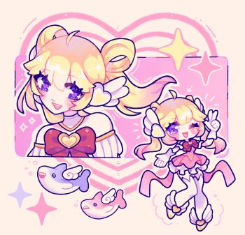 Rule 34 | 1girl, absurdres, bare shoulders, blonde hair, bow, chibi, commentary, dress, english commentary, gloves, hair ornament, heart, heart of hope juno, highres, juno (overwatch), long hair, magical girl, multicolored hair, official alternate costume, overwatch, pink bow, purple eyes, shark, smile, solo, white gloves, wings