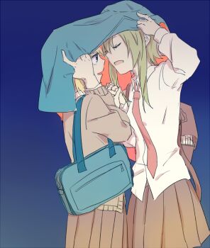 2girls arm_up backpack bag black_bag blue_background blue_bag blue_eyes blue_jacket bra brown_bra closed_eyes collared_shirt commentary_request gumi high_heels imminent_kiss improvised_umbrella interlocked_fingers jacket kagamine_rin medium_hair multiple_girls parted_lips pleated_skirt red_shirt school_bag shared_clothes shared_improvised_umbrella shared_jacket shirt short_hair shoulder_bag sidelocks simple_background skirt underwear vocaloid white_shirt wounds404