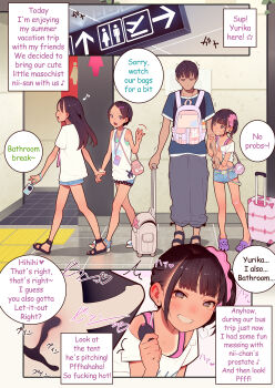 1boy 3girls absurdres age_difference belt black_footwear blue_shirt blue_shorts blunt_bangs brown_eyes brown_hair bulge butt_plug closed_eyes commentary cross-section denim denim_shorts english_commentary english_text erection erection_under_clothes femdom grey_pants grin hair_ornament hair_scrunchie hairclip heart heart-shaped_pupils highres holding loli lolidom long_hair mesugaki midriff mixed-language_commentary miyako_(tiny_evil) muk_(monsieur) multiple_girls navel open_mouth pants pink_bag pink_scrunchie polka_dot polka_dot_trim profanity purple_footwear remote_control_vibrator sana_(tiny_evil) sandals scrunchie sex_toy shirt short_hair short_shorts shorts side_ponytail sidelocks smile speech_bubble suitcase symbol-shaped_pupils tank_top tiny_evil vibrator white_shirt white_tank_top x-ray yurika_(tiny_evil)