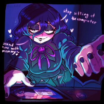 1girl artist_name black_dress black_hair breasts commentary computer dress english_commentary english_text grin hair_between_eyes heart heart-shaped_pupils hex_maniac_(pokemon) hex_maniac_(pokemon_legends:_z-a) highres laptop large_breasts long_hair long_sleeves looking_at_viewer nintendo osidid pokemon pokemon_legends:_z-a puffy_sleeves seductive_smile smile solo symbol-shaped_pupils twitter_username