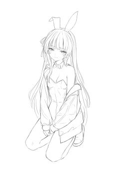 1girl alternate_costume animal_ear_hairband animal_ears blush bow bowtie breasts chisa_(wuthering_waves) cleavage closed_mouth commentary ddcc0123 detached_collar english_commentary fake_animal_ears hair_ribbon hairband highres jacket kneeling leotard lineart looking_at_viewer medium_breasts mole mole_under_eye off_shoulder open_clothes open_jacket playboy_bunny rabbit_ear_hairband rabbit_ears ribbon shoes simple_background sketch solo strapless strapless_leotard thighs white_background wuthering_waves