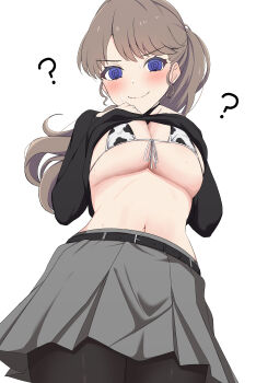 1girl ? @_@ absurdres animal_print belt bikini bikini_top_under_shirt bikini_under_clothes black_belt black_pantyhose black_shirt blush breasts brown_hair clothes_lift commentary_request covered_erect_nipples cow_print cow_print_bikini earrings from_below fujishima_megumi fujishima_megumi_(post-graduation) grey_skirt heart heart_earrings highres jewelry large_breasts link!_like!_love_live! lips long_hair looking_at_viewer looking_down love_live! micro_bikini navel nervous_smile pantyhose ponytail print_bikini purple_eyes shirt shirt_lift skirt smile solo sweat swimsuit wavy_mouth white_background zanpon