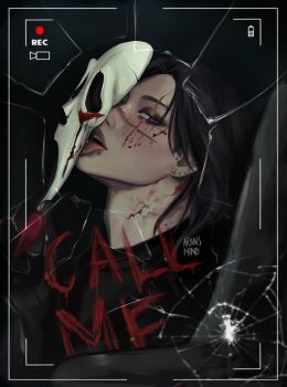 1boy absurdres alternate_costume aransmind artist_name battery_indicator black_background black_gloves black_hair blood blood_on_face blood_on_mask blood_on_neck blurry blurry_foreground choso_(jujutsu_kaisen) cloak cosplay cracked_mask cracked_screen ear_piercing english_text eyebrow_piercing eyeshadow face_piercing ghost_mask ghostface ghostface_(cosplay) gloves highres holding holding_mask hood hooded_cloak ibispaint_(medium) jujutsu_kaisen licking lip_piercing mask mask_on_head medium_hair piercing purple_eyes recording red-eye_effect scar scar_across_eye scar_on_face scar_on_nose smokey_eyeshadow tongue tongue_out viewfinder