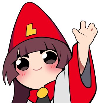 1other artist_self-insert black_eyes blunt_bangs blush brooch brown_hair chibi chibi_only double-parted_bangs graveweaver graveweaver_(character) hand_up hat highres jewelry long_hair looking_at_viewer original smile waving wide_sleeves