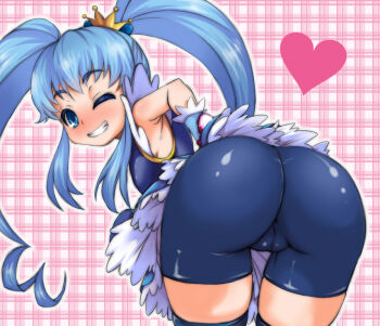 10s 1girl ass bad_id bad_pixiv_id bike_shorts blue_eyes blue_hair blush cameltoe crown cure_princess female_focus gold_crown happinesscharge_precure! heart huge_ass long_hair looking_at_viewer looking_back magical_girl matching_hair/eyes nikobun one_eye_closed precure shirayuki_hime solo twintails wink