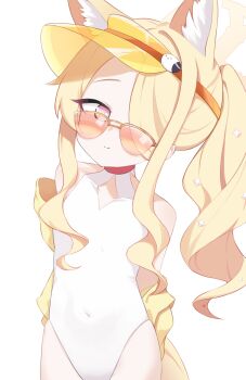 Rule 34 | 1girl, absurdres, animal ears, bare shoulders, blonde hair, blue archive, bluetea1024, breasts, collarbone, commentary request, covered navel, forehead, fox ears, fox girl, halo, highres, jacket, long hair, looking at viewer, official alternate costume, official alternate hairstyle, one-piece swimsuit, open mouth, pink eyes, seia (blue archive), seia (swimsuit) (blue archive), simple background, sleeves past fingers, sleeves past wrists, small breasts, smile, solo, sunglasses, swimsuit, very long hair, visor cap, white background, white one-piece swimsuit, yellow halo, yellow jacket