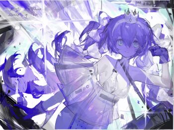 1girl blue_eyes blue_gloves blue_hair bow breasts chinese_commentary closed_mouth commentary_request cowboy_shot crown gloves hair_between_eyes hair_bow hairband hand_up highres long_hair mini_crown original small_breasts smile solo vihua6 white_bow white_hairband