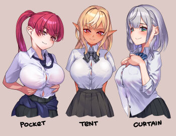 &gt;:) 3girls absurdres adjusting_clothes alternate_costume arms_behind_back arms_under_breasts black_necktie black_skirt blunt_bangs blush bow bowtie bra bra_peek bra_visible_through_clothes breast_pocket breast_suppress breasts bursting_breasts button_gap closed_mouth clothes_around_waist clothes_lift collarbone collared_shirt covered_erect_nipples cropped_torso crossed_bangs curtain_call_challenge_(meme) dark-skinned_female dark_elf dark_skin dress_shirt elf fang from_side green_eyes grey_background hands_on_own_stomach hands_up head_tilt heterochromia high-waist_skirt highres hololive houshou_marine impossible_clothes impossible_shirt large_breasts long_hair long_sleeves looking_at_viewer matching_outfits meme miniskirt multicolored_hair multiple_girls narrow_waist navel necktie orange_eyes otk pleated_skirt pocket pointy_ears ponytail red_eyes red_hair school_uniform see-through_clothes see-through_silhouette shiranui_flare shirogane_noel shirogane_noel_(school_uniform) shirt shirt_lift shirt_overhang shirt_tucked_in short_sleeves sidelocks simple_background skirt sleeves_rolled_up smile straight-on streaked_hair striped_bow striped_bowtie striped_clothes sweater sweater_around_waist swept_bangs take_your_pick taut_clothes taut_shirt tented_shirt tight_clothes tight_shirt tsurime underwear untucked_shirt v-shaped_eyebrows virtual_youtuber white_hair white_shirt yellow_eyes
