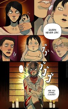 absurdres alessa_gillespie baby blonde_hair blood boots cheryl_mason cybil_bennett father_and_daughter freckles halo harry_mason heather_mason highres incubator jacket james_sunderland jefftheironic looking_at_viewer meme miniskirt multiple_boys parody pencil_skirt queen_never_cry_(meme) short_hair silent_hill silent_hill_(series) silent_hill_3 skirt sleeveless sleeveless_turtleneck turtleneck vest wristband