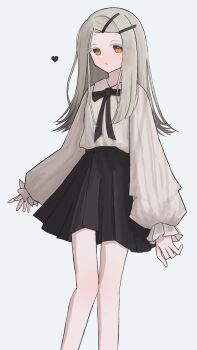 1girl :/ absurdres black_bow black_bowtie black_skirt blonde_hair blouse bow bowtie chandemo closed_mouth collared_shirt colored_eyelashes feet_out_of_frame flipped_hair gakuen_idolmaster gradient_hair grey_hair grey_shirt hair_ornament hairclip heart highres idolmaster long_hair long_sleeves looking_at_viewer multicolored_hair orange_eyes parallel_hairclips pleated_skirt puffy_long_sleeves puffy_sleeves shinosawa_hiro shirt simple_background skirt solo standing swept_bangs white_background