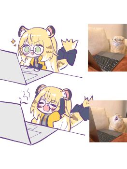 1girl angry animal_ear_fluff animal_ears blonde_hair blue_shirt bow cat colored_inner_hair computer confused glasses green_eyes hands_on_own_head highres jacket ju_fufu kesiutu laptop long_hair multicolored_hair open_mouth orange_fur shirt solo sparkle striped_fur striped_hair tail tail_bow tail_ornament tiger_ears tiger_girl tiger_stripes tiger_tail yellow_jacket zenless_zone_zero